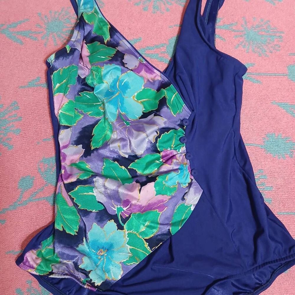 Vintage 80's Maxine of Hollywood womens size 18 one piece swimsuit green multi - Picture 4 of 8